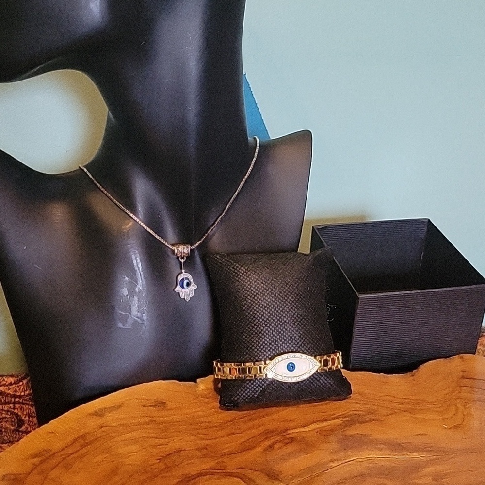 Set of 2 ! Evil Clasps Hand Bracelet & Hamsa Hand Necklace Protection Jewelry